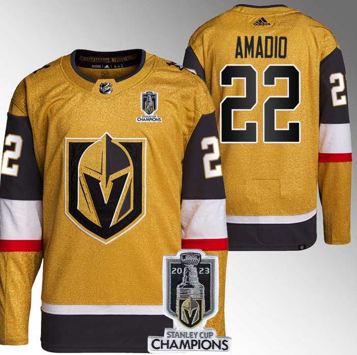 Men%27s Vegas Golden Knights #22 Michael Amadio Gold 2023 Stanley Cup Champions Stitched Jersey->vegas golden knights->NHL Jersey